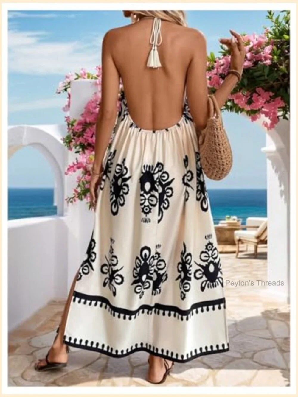 Boho Backless Halter Maxi Dress Floral Tie Back Split Flowy Summer - Picture 2 of 5